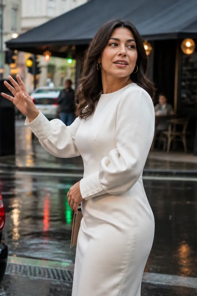 Ivory mikado long-sleeve wedding dress with structured cuffs and a clean skirt line