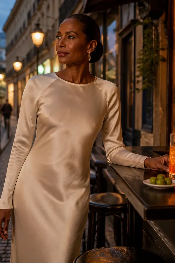 Ivory raglan-sleeve silk charmeuse wedding dress with a flowing skirt on a city street
