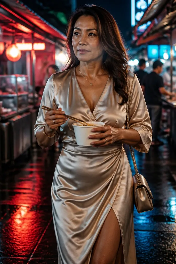 Champagne satin elbow-sleeve wedding dress with a high slit and night market lights