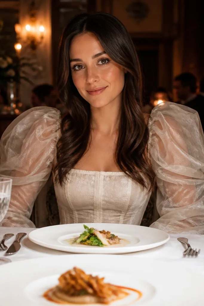Ivory organza puff-sleeve wedding dress with a corset bodice in a fine dining room