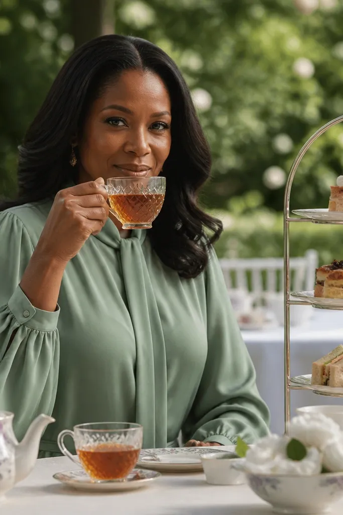 Sage green long-sleeve silk crepe wedding dress near a tea set on a patio