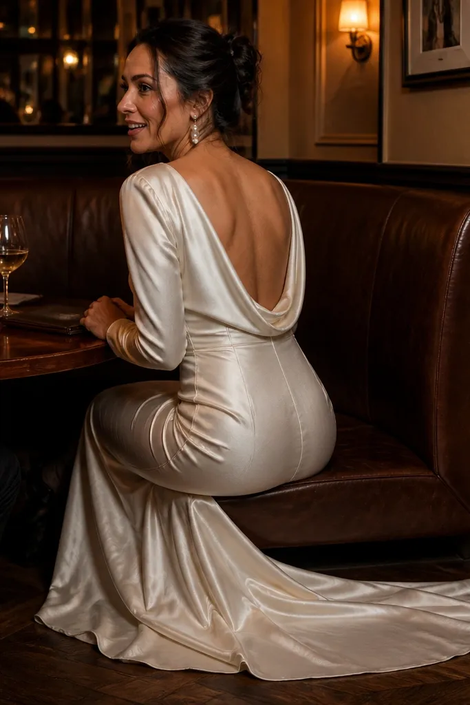 Ivory long-sleeve satin wedding dress with low back and a manageable train in a restaurant