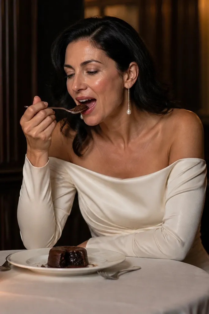 Ivory off-shoulder silk crepe wedding dress with covered bust in a dessert shop