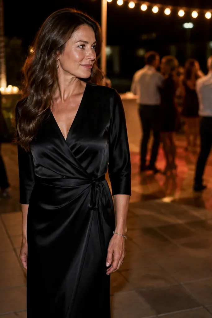 Black satin wrap midi dress with a tie waist and V-neck