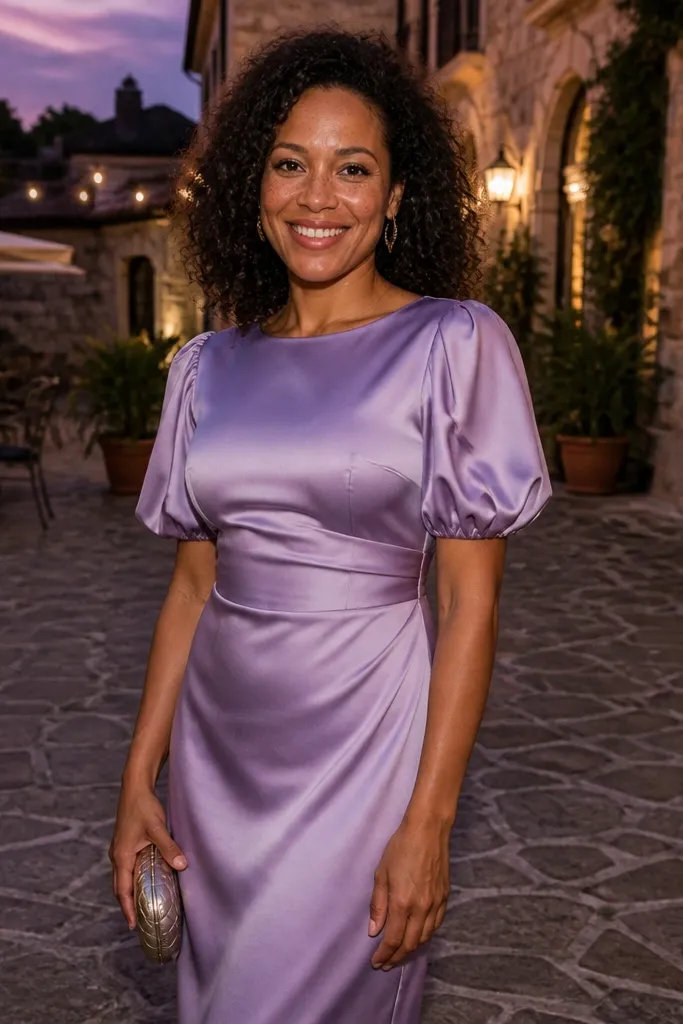 Lilac satin midi dress with puff sleeves and a fitted waist