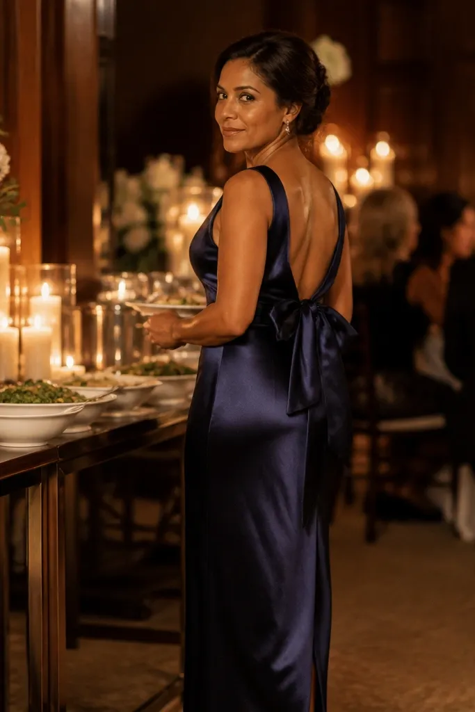 Midnight navy satin column dress with a bow at the back