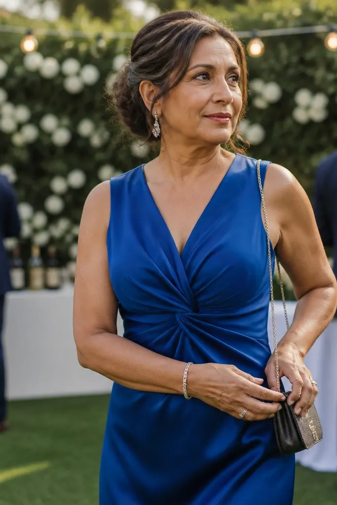 Cobalt blue satin midi dress with a twist front bodice