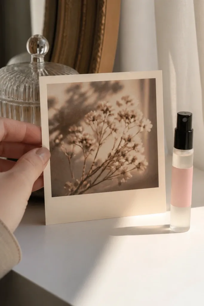Polaroid-style card leaning on a small perfume sample with ribbon.