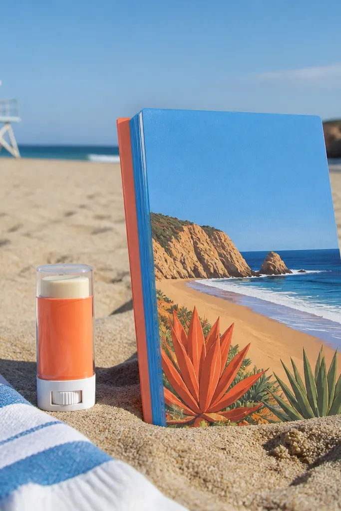 Postcard with yes message next to a mini sunscreen stick and gold ribbon.
