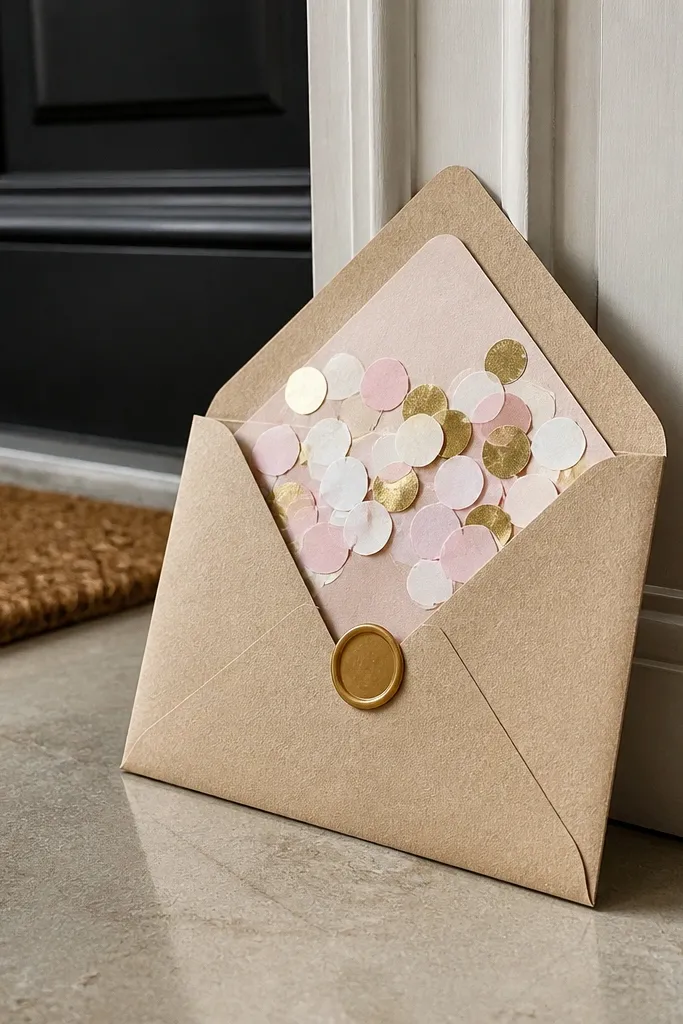 Large envelope with gold confetti peeking out and yes card inside.