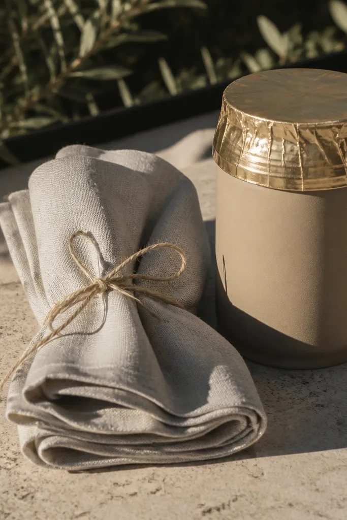 Linen napkin wrapped around a small tea canister with a yes tag.