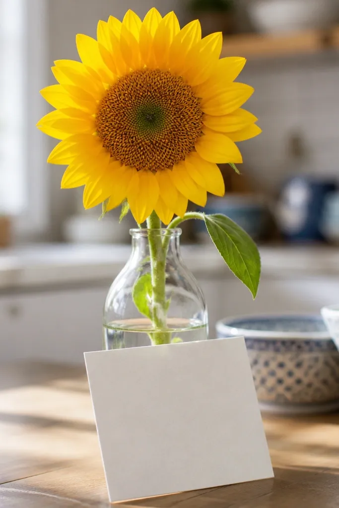 Mini sunflower in small vase with a yes card tied with twine.