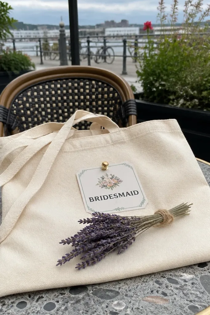 Canvas tote with badge sticker and yes card tucked into the handle.