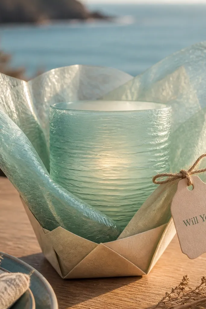 Sea-glass colored candle wrapped in paper with a will you tag.