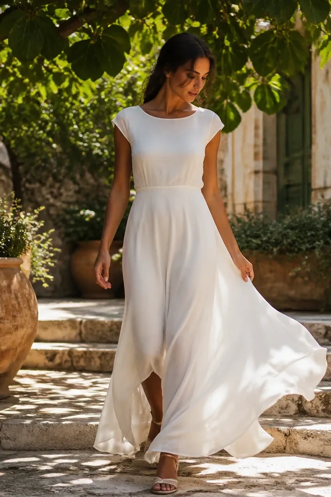Soft white georgette A-line dress with cap sleeves and light flare
