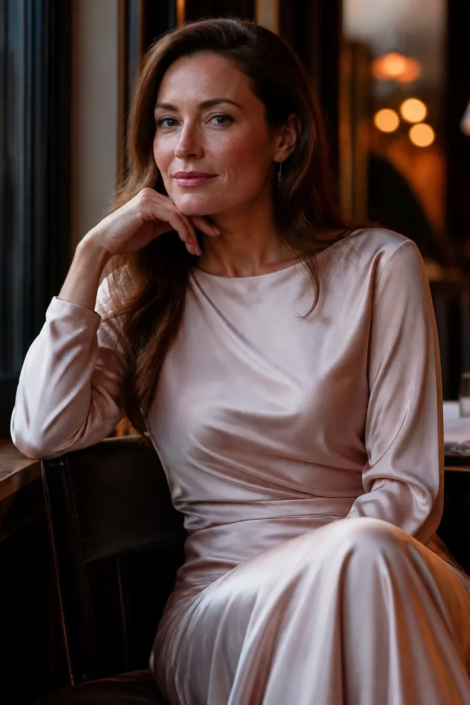 Pearl blush bias-cut silk dress with long sleeves and a simple neckline