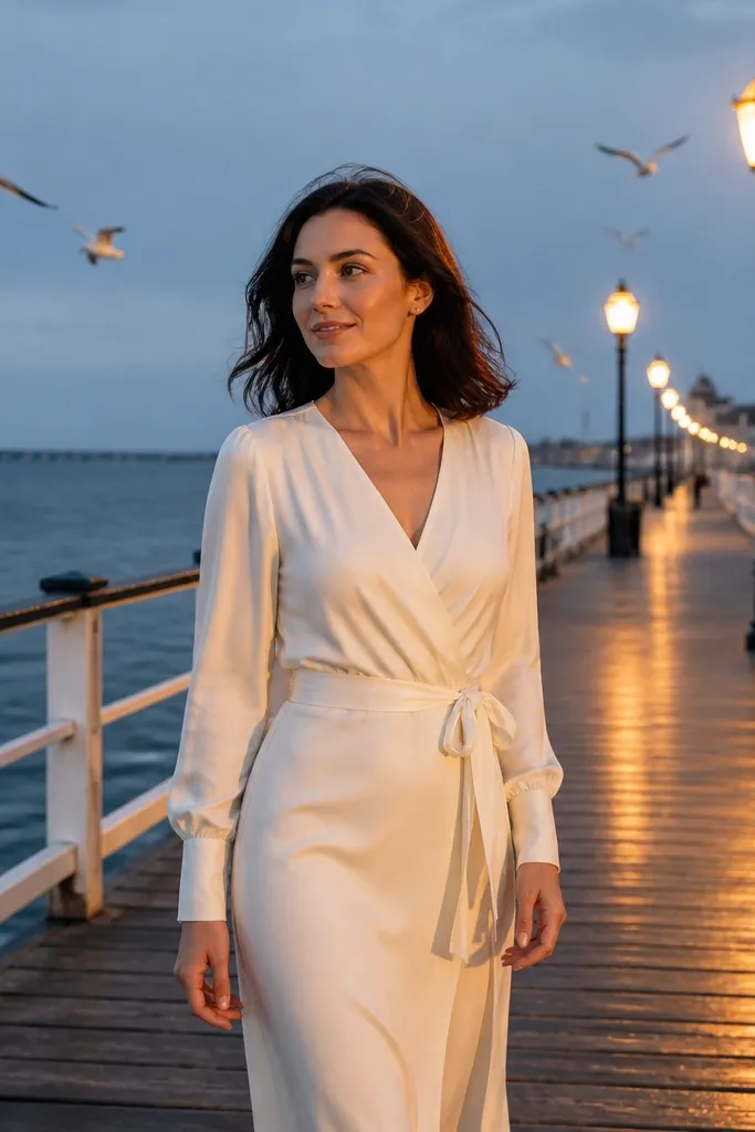 Ivory silk crepe wrap dress with tied waist and long sleeves