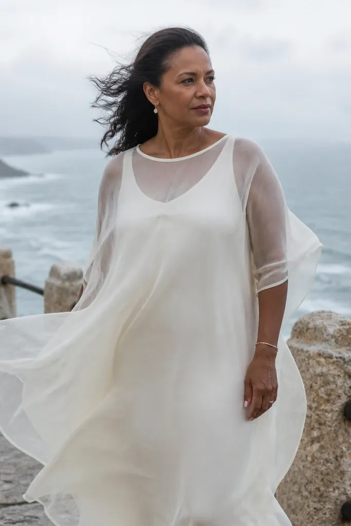 Ivory silk organza overlay on a simple slip dress