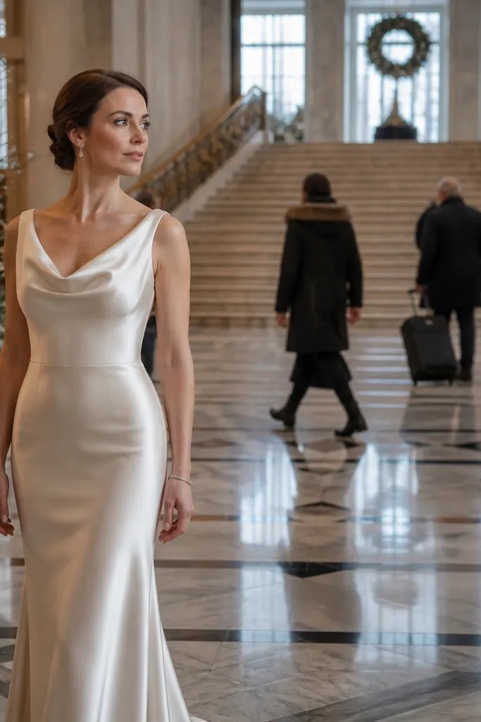 Ivory silk charmeuse gown with fitted bodice and flowing skirt