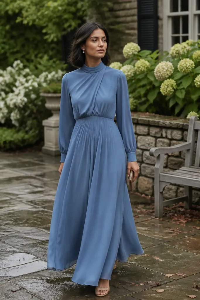 Dusty blue georgette dress with waist pleats and long sleeves