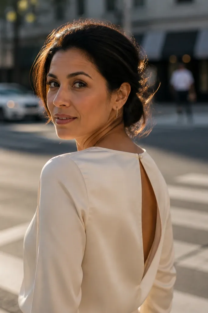 Ivory silk charmeuse dress with boat neck and small back keyhole