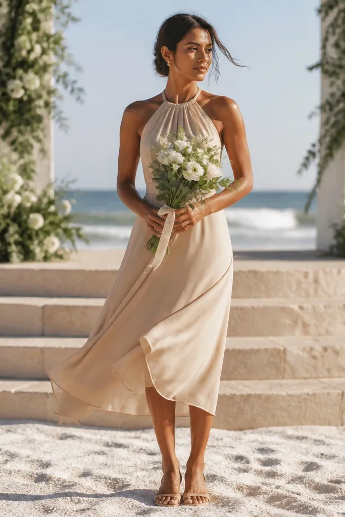 Sand silk georgette tea-length halter dress with light drape