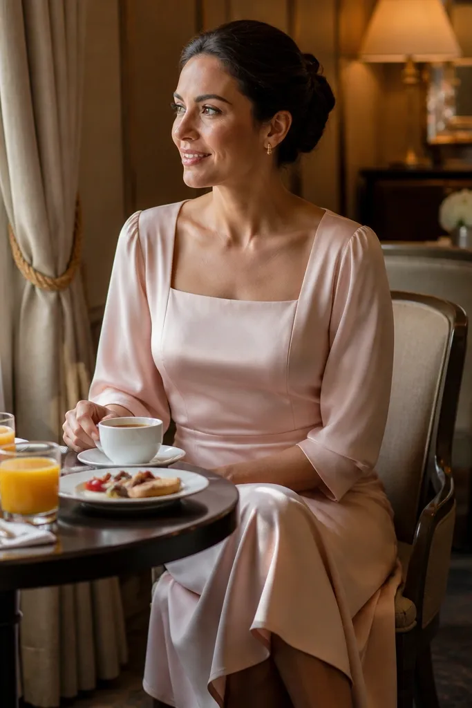Soft blush silk crepe midi dress with square neckline