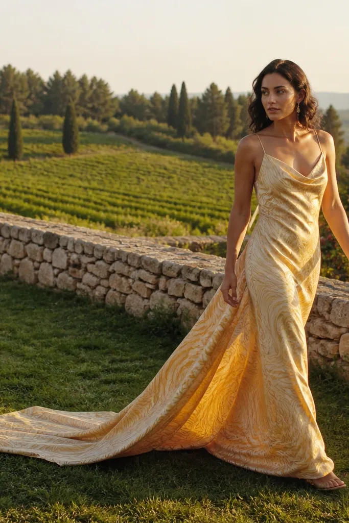 Ivory silk slip with warm saffron jacquard sheen and a long flowing train