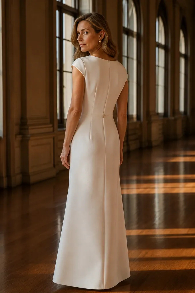 Off-white mikado column dress with a fitted bodice and buttoned back