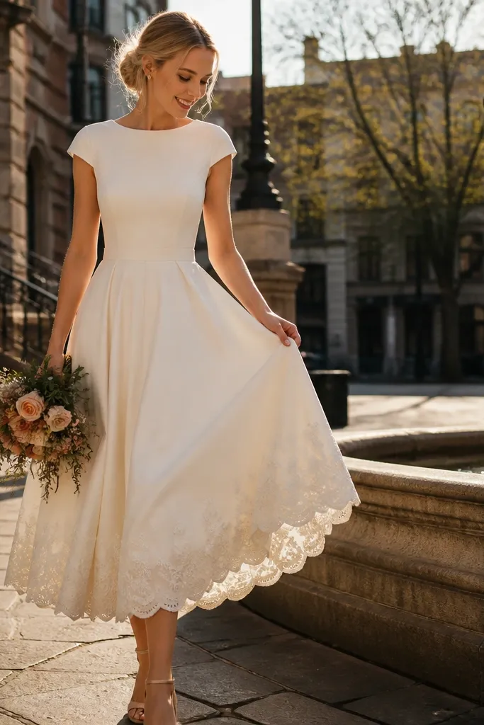 Ivory cap-sleeve tea-length dress with a scalloped hem