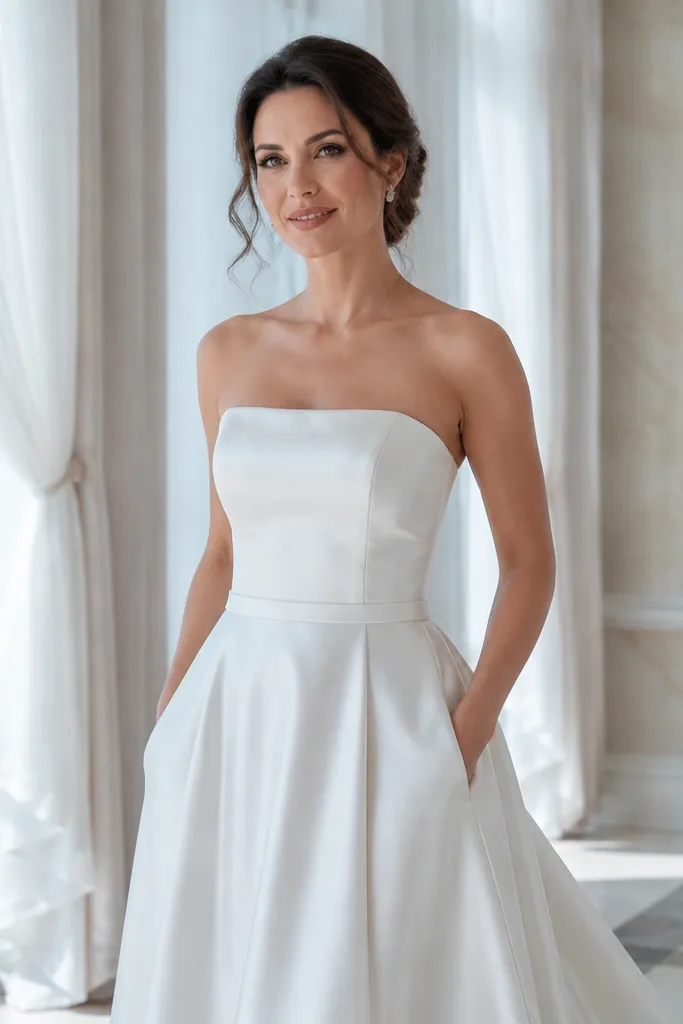 Ivory straight-neck satin dress with a thin belt at the waist