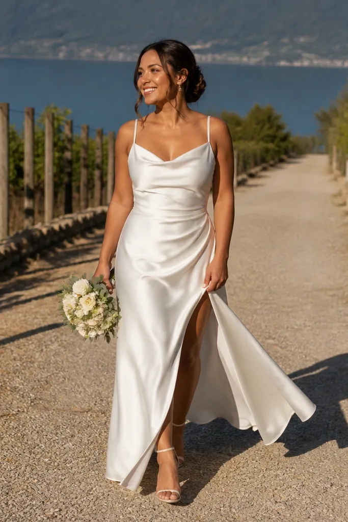 Ivory satin A-line dress with a subtle side slit