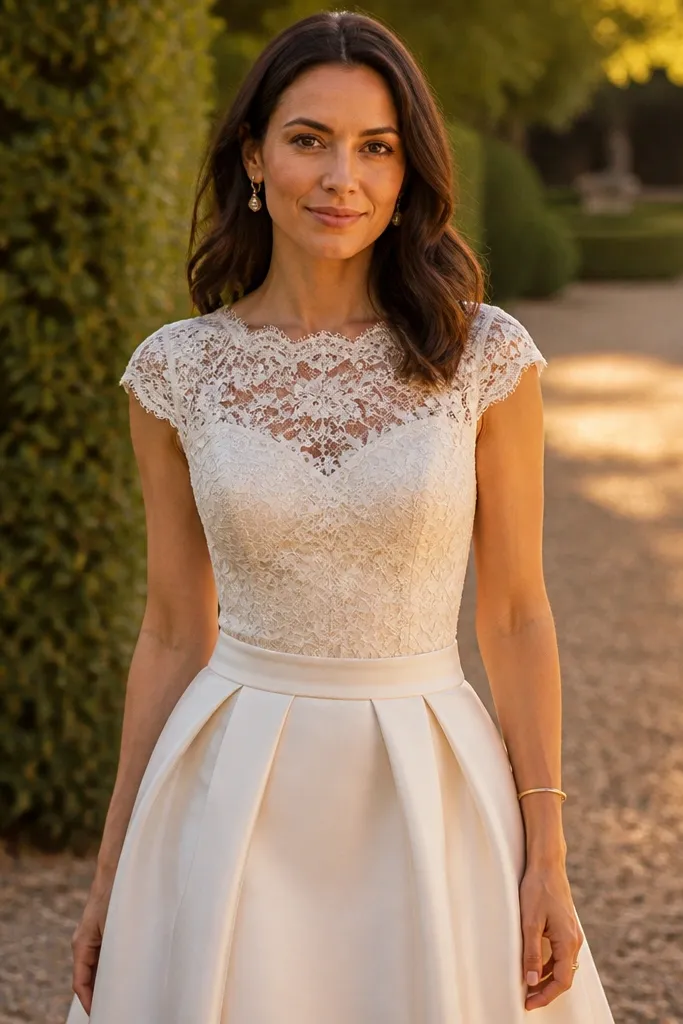 Off-white lace top with a smooth mikado skirt and minimal seams