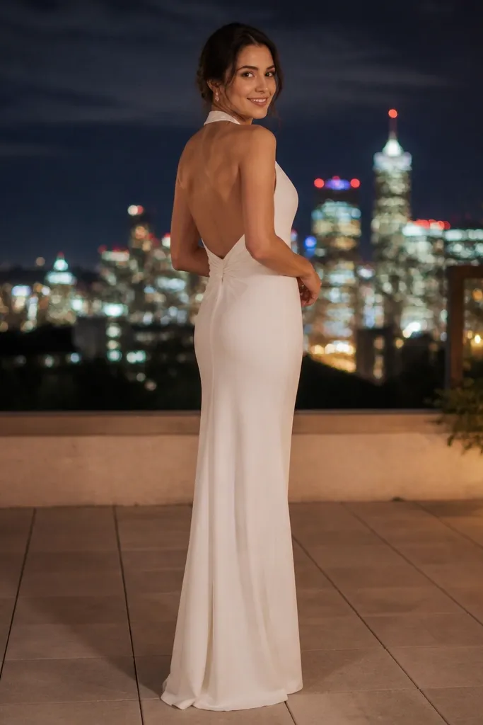 Ivory halter-neck column dress with a low twist detail at the waist