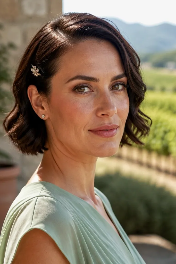 Short bob with side part, soft waves, and a small crystal clip at the temple