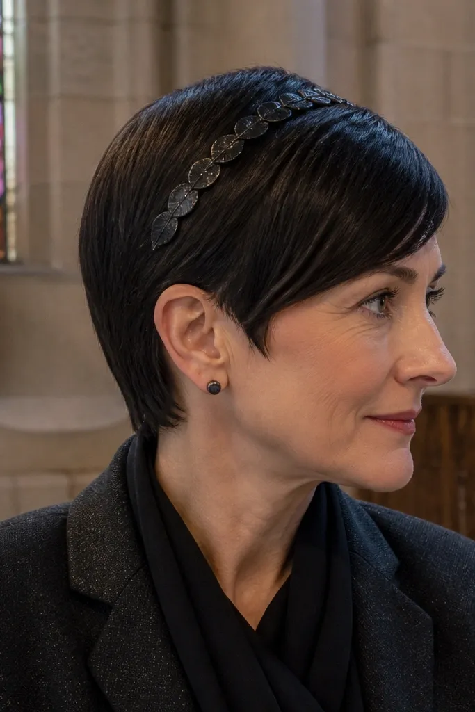 Sleek pixie with side sweep and a barrette placed across the crown