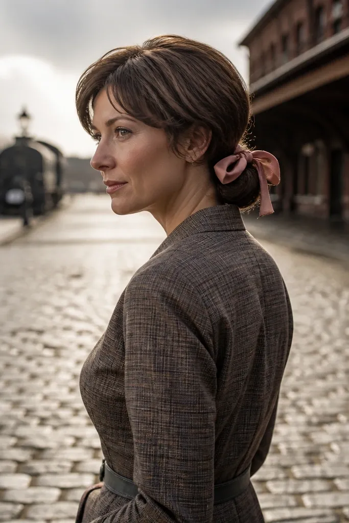 Short bob twisted into a low side knot with a narrow ribbon tie