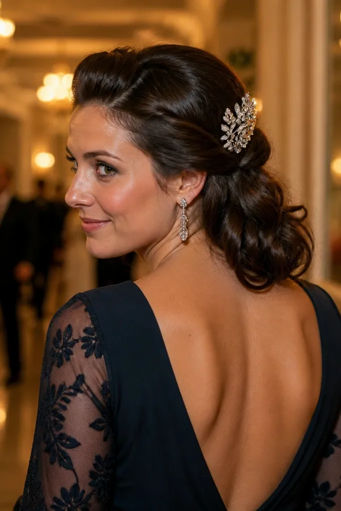 Short hair with crown pinned waves and a small hair comb near the back