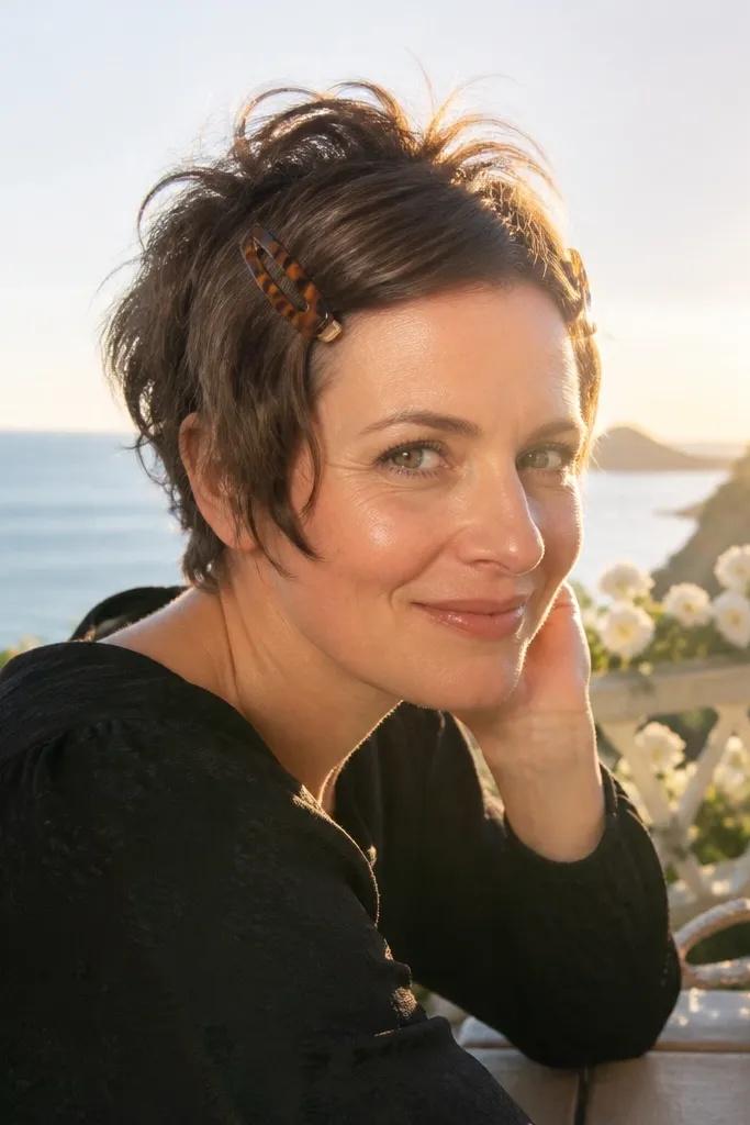 Pixie with textured lift and two small barrettes placed on the sides