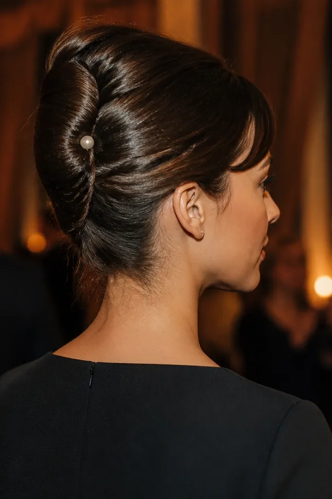 Jaw-length bob twisted into a compact French twist at the back