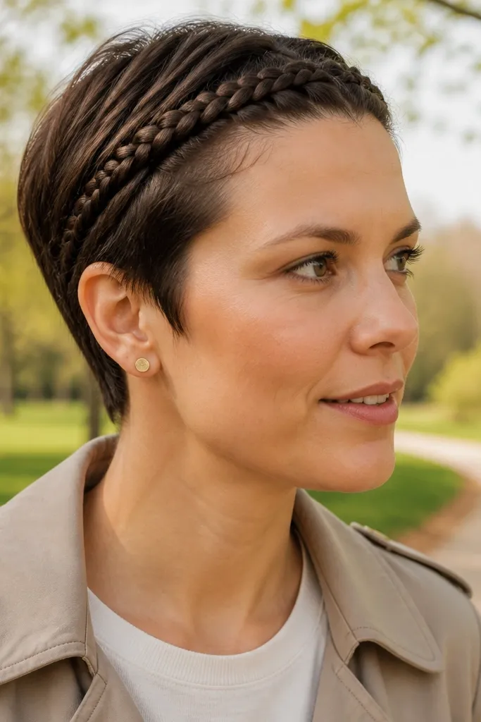 Short hair with two small Dutch braids forming a headband across the forehead