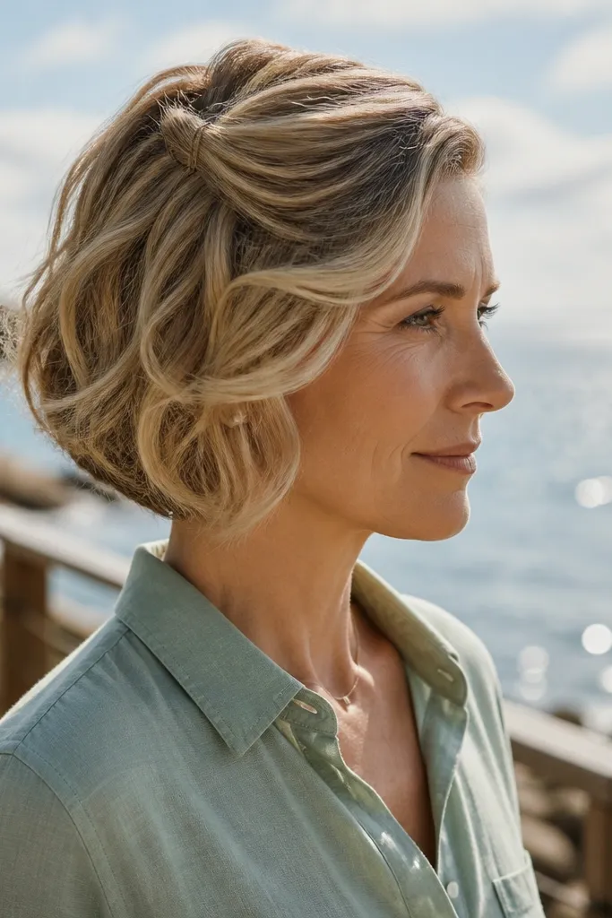 Short hair with front waterfall-like waves pinned back at the crown