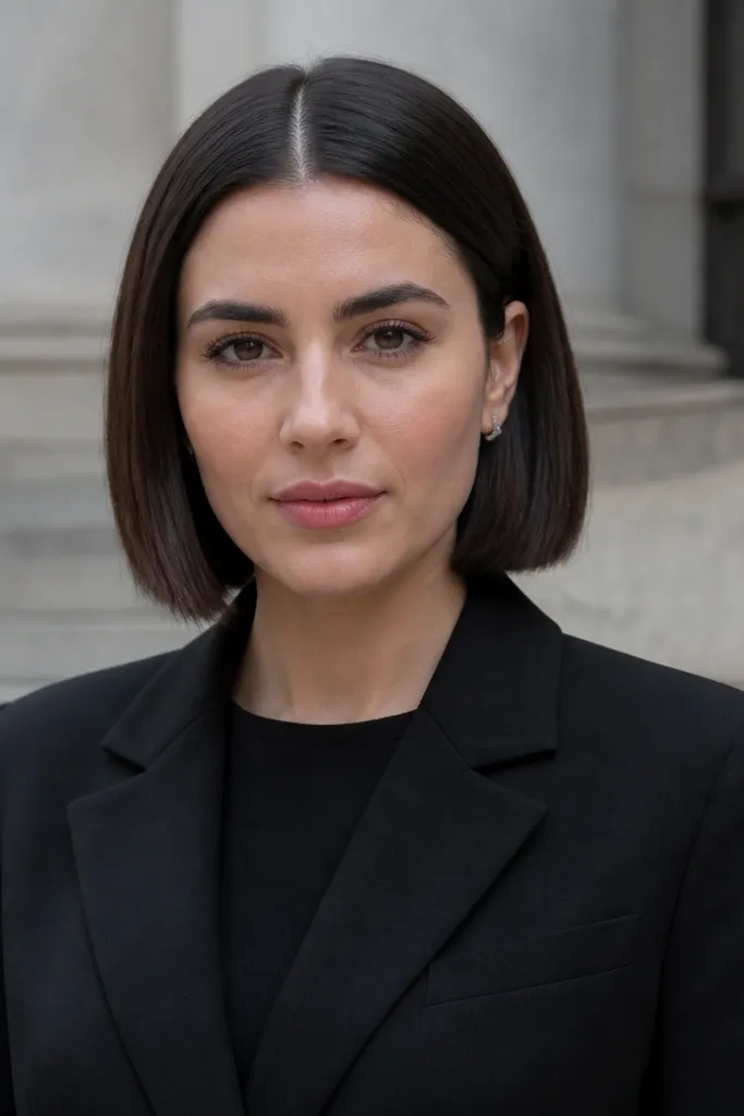 Short hair with center part, sleek finish, and a hidden jeweled pin at the crown