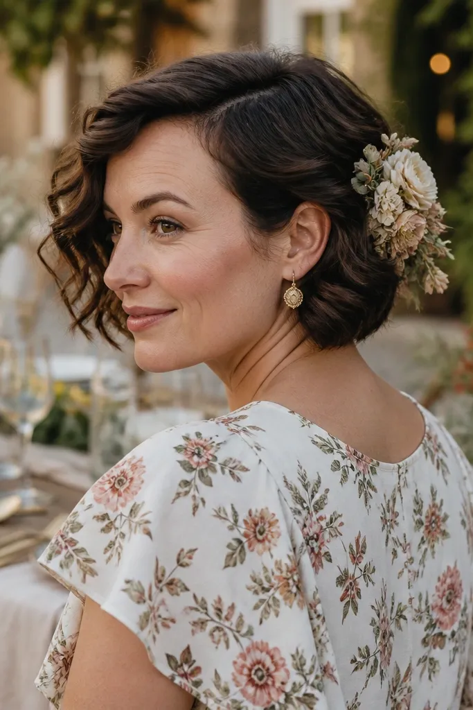 Short curled hair swept to one side with a floral clip near the nape