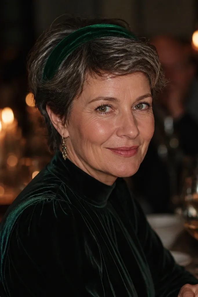 Short wavy hair with texture spray and a thin velvet headband