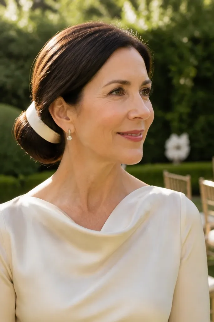 Short bob gathered into a low bun with a ribbon wrapped around it