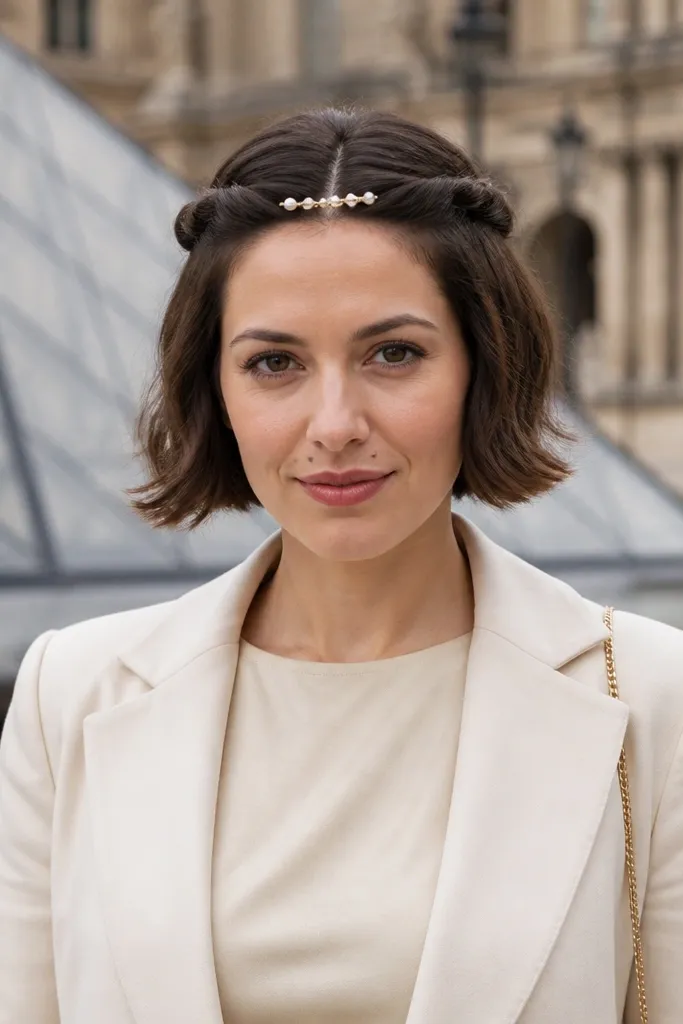 Short hair with two pinched side twists and a pearl bar clip at the center