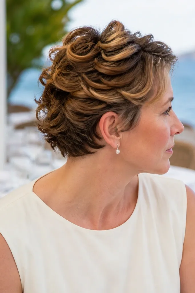 Short hair half-up with small looped bubbles pinned at the front
