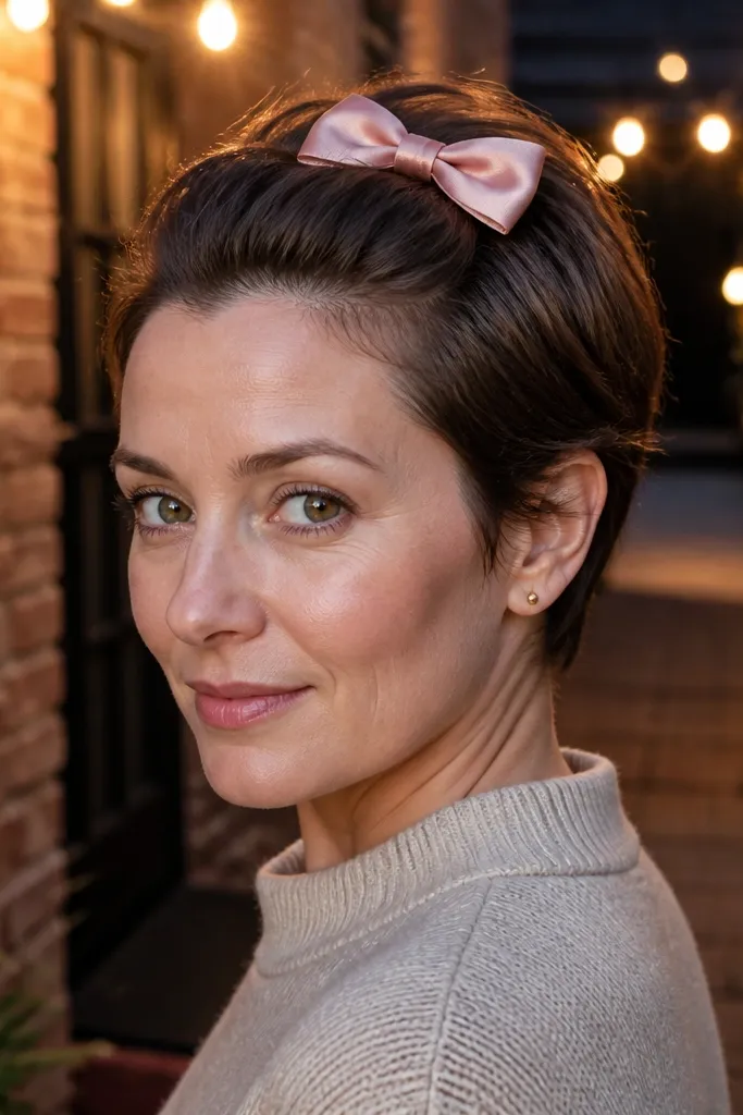 Short hair lifted at the crown with a bow clip centered on top