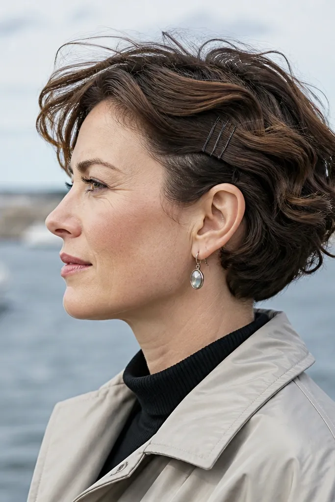 Short wavy bob with underlayers tucked and pinned near the jawline